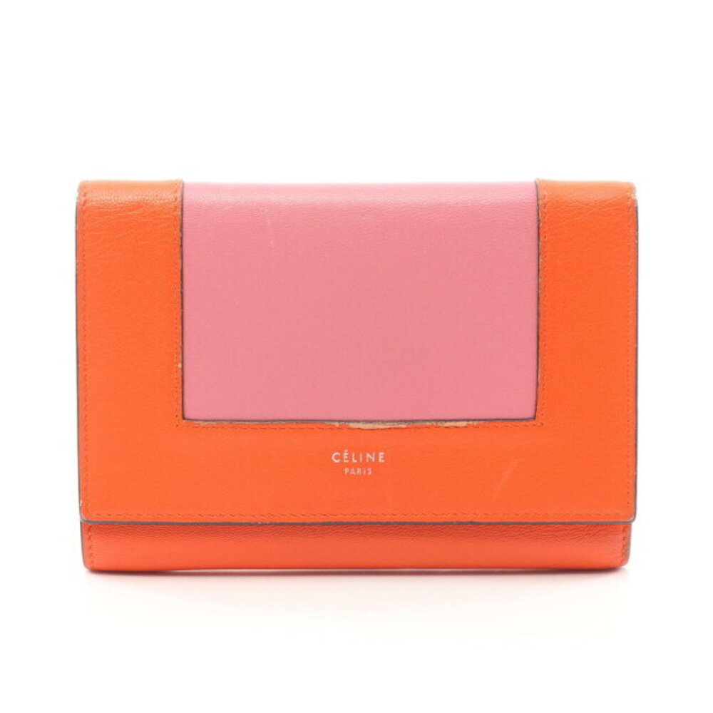 Celine Frame Tri fold Wallet Leather Orange Pink